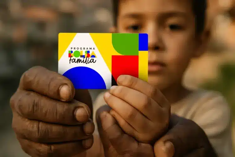 Mãos de adulto e criança segurando cartão colorido do Programa Bolsa Família com cores amarela, verde, azul e vermelha.