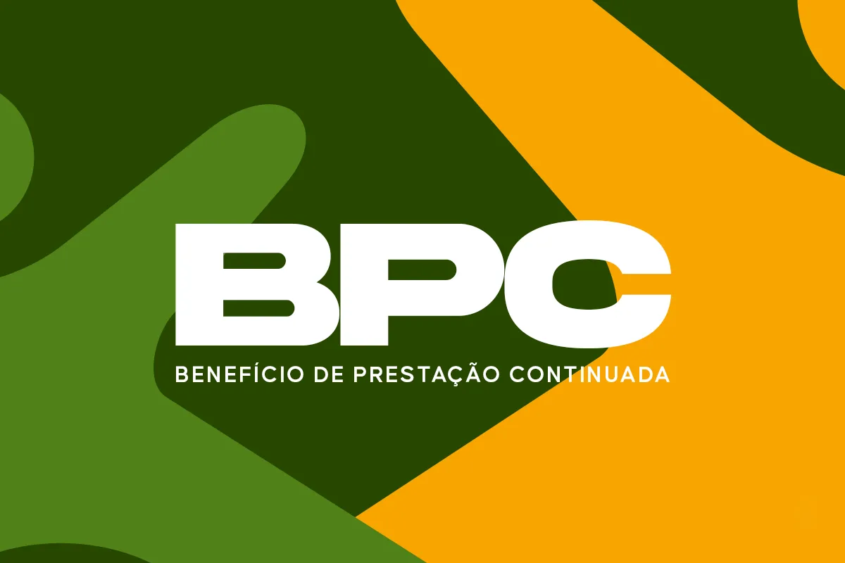 Sigla BPC, com nome completo "Benefício de Prestação Continuada", sobre fundo verde e amarelo, em estilo institucional