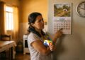 Mulher segura cartão Bolsa Família e aponta para calendário de 2026 na parede da cozinha amarela