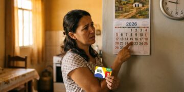 Mulher segura cartão Bolsa Família e aponta para calendário de 2026 na parede da cozinha amarela