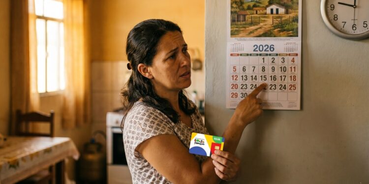 Mulher segura cartão Bolsa Família e aponta para calendário de 2026 na parede da cozinha amarela