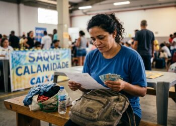 Mulher de camiseta azul segura papel e notas de real em atendimento Saque Calamidade CAIXA com fila ao fundo
