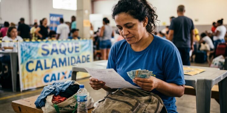 Mulher de camiseta azul segura papel e notas de real em atendimento Saque Calamidade CAIXA com fila ao fundo