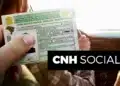 Mão segura CNH brasileira categoria D dentro de carro, com selo preto "CNH Social" no canto inferior direito