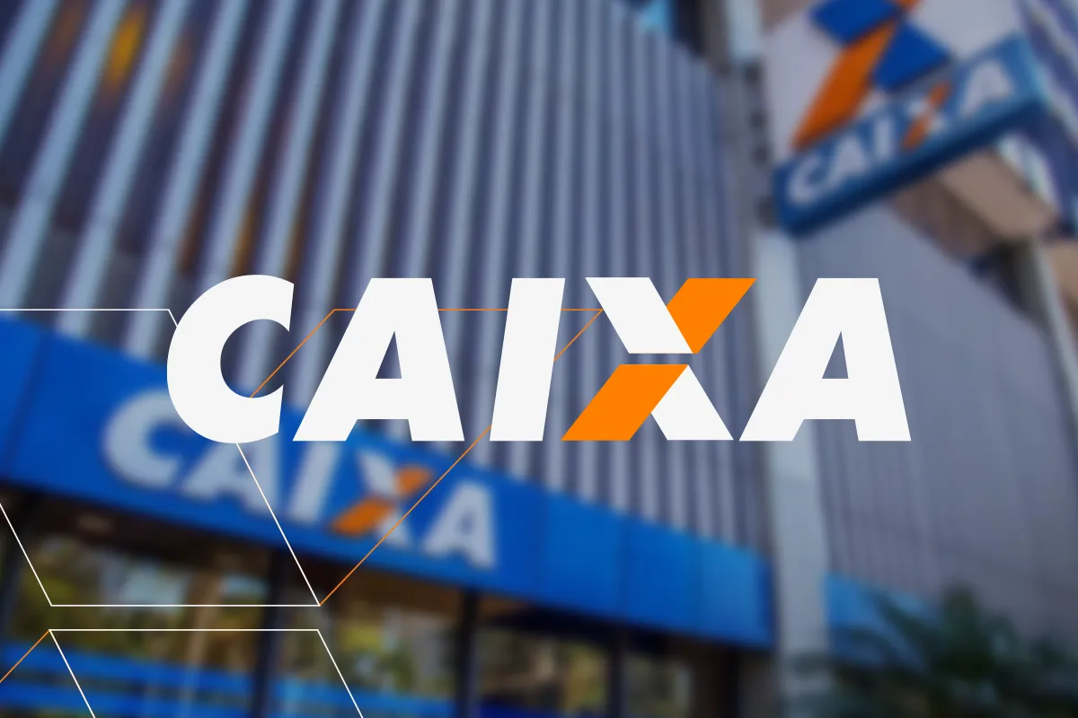 Fachada de agência da Caixa Econômica Federal com logo branco e laranja sobre letreiro azul
