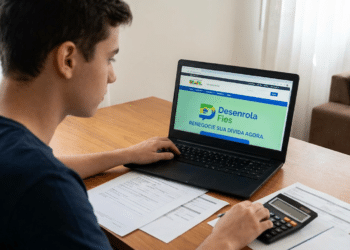 Jovem de camiseta azul usa notebook para acessar o site Desenrola Fies, com calculadora e documentos sobre mesa de madeira