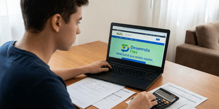 Jovem de camiseta azul usa notebook para acessar o site Desenrola Fies, com calculadora e documentos sobre mesa de madeira