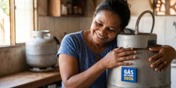 Mulher sorridente de camiseta azul abraça botijão de gás Ultragaz com adesivo Gás do Povo 2026 em cozinha humilde