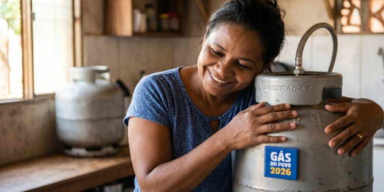 Mulher sorridente de camiseta azul abraça botijão de gás Ultragaz com adesivo Gás do Povo 2026 em cozinha humilde
