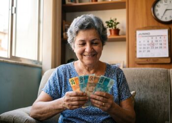 Mulher idosa de cabelos grisalhos sorri segurando notas de real em sala de estar com calendário de junho