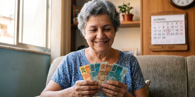 Mulher idosa de cabelos grisalhos sorri segurando notas de real em sala de estar com calendário de junho
