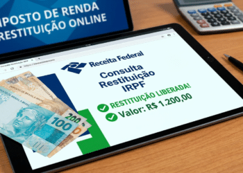 Tablet exibindo tela da Receita Federal com restituição de R$ 1.200 liberada, notas de real e calculadora