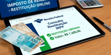 Tablet exibindo tela da Receita Federal com restituição de R$ 1.200 liberada, notas de real e calculadora