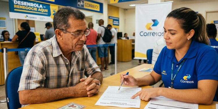 Funcionária dos Correios de camisa azul orienta homem idoso de óculos sobre formulário de renegociação de dívidas em balcão