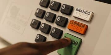 Mão pressionando tecla verde Confirma em urna eletrônica com teclado numérico, botões Branco e Corrige