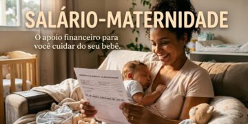 Mulher sorridente segura bebê dormindo enquanto lê demonstrativo de pagamento do salário-maternidade