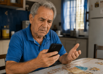 Homem idoso olha o celular com expressão de preocupação à mesa, com cédulas de dinheiro ao lado