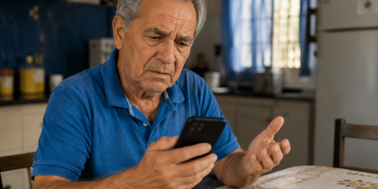 Homem idoso olha o celular com expressão de preocupação à mesa, com cédulas de dinheiro ao lado