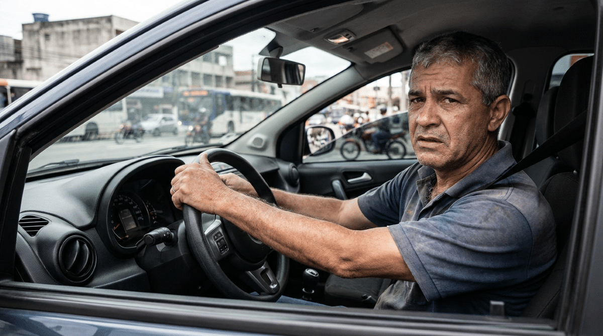 Motorista ao volante de carro em via urbana