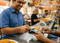 Homem sorridente de camisa azul aproxima cartão de maquininha em restaurante self-service com pratos de comida ao fundo
