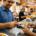 Homem sorridente de camisa azul aproxima cartão de maquininha em restaurante self-service com pratos de comida ao fundo