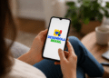 Pessoa segurando celular com a logo do programa Desenrola Brasil aberta na tela