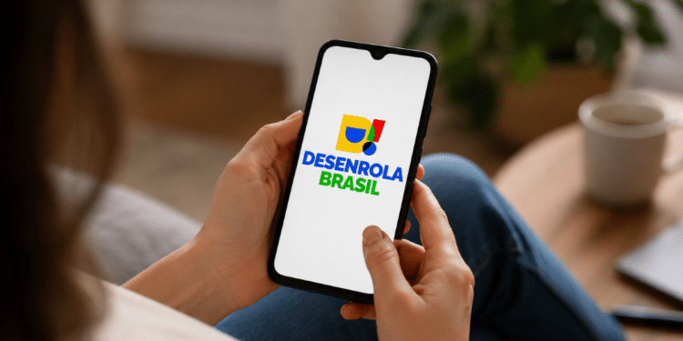 Pessoa segurando celular com a logo do programa Desenrola Brasil aberta na tela
