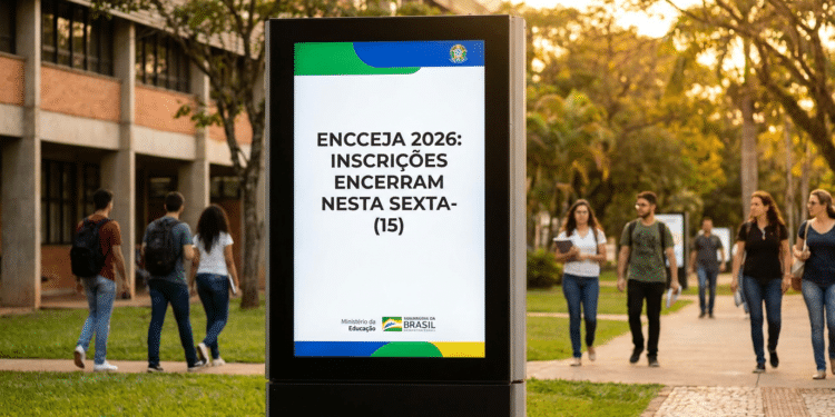 Totem digital exibe aviso do MEC sobre encerramento das inscrições do ENCCEJA 2026 em campus universitário.