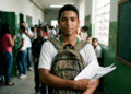 Jovem estudante segurando papéis no corredor da escola pública, com armários verdes e colegas ao fundo