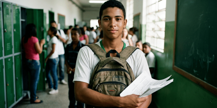 Jovem estudante segurando papéis no corredor da escola pública, com armários verdes e colegas ao fundo