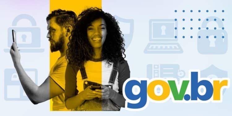 Casal jovem usando smartphones com logo GOV.BR e ícones de segurança digital ao fundo
