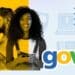 Casal jovem usando smartphones com logo GOV.BR e ícones de segurança digital ao fundo