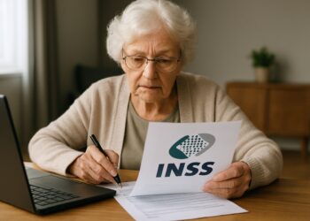 Mulher idosa de cabelos brancos e óculos segura papel com logo do INSS enquanto anota em documento ao lado de notebook
