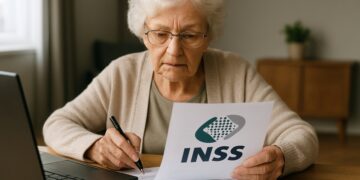 Mulher idosa de cabelos brancos e óculos segura papel com logo do INSS enquanto anota em documento ao lado de notebook