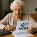 Mulher idosa de cabelos brancos e óculos segura papel com logo do INSS enquanto anota em documento ao lado de notebook