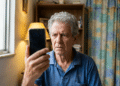 Aposentado observa o celular com expressão de dúvida
