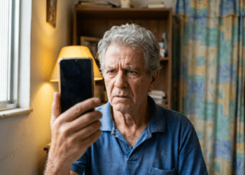 Aposentado observa o celular com expressão de dúvida