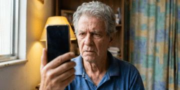 Aposentado observa o celular com expressão de dúvida