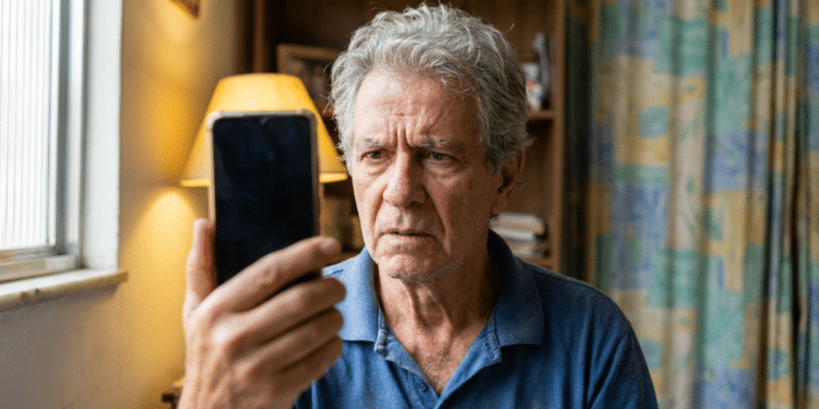 Aposentado observa o celular com expressão de dúvida