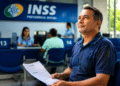 Homem aguarda atendimento segurando um documento na sala de espera de uma agência do INSS