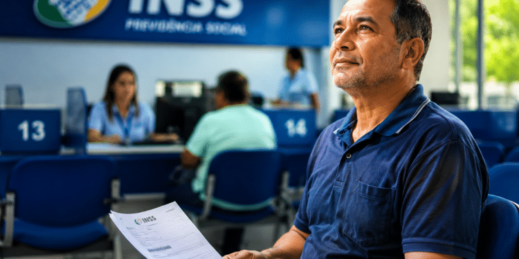 Homem aguarda atendimento segurando um documento na sala de espera de uma agência do INSS