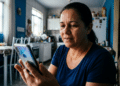 Mulher de cabelos escuros presos, camiseta azul, sentada em sofá consultando celular em ambiente doméstico