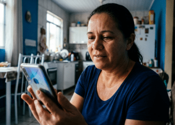 Mulher de cabelos escuros presos, camiseta azul, sentada em sofá consultando celular em ambiente doméstico
