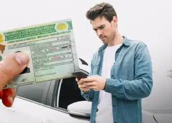 Homem utilizando celular ao lado de um carro enquanto uma CNH aparece em destaque