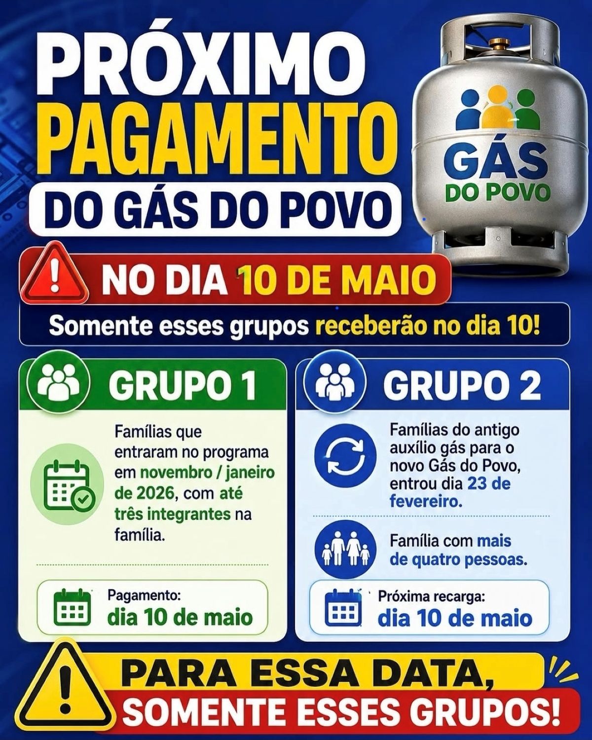 Cartaz informativo sobre pagamento do Gás do Povo no dia 10 de maio