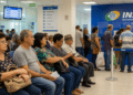 Grupo de pessoas sentadas aguardando chamada em fila de espera no INSS, painel e balcão ao fundo