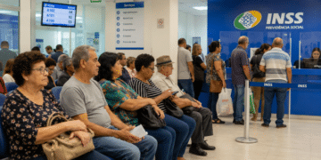 Grupo de pessoas sentadas aguardando chamada em fila de espera no INSS, painel e balcão ao fundo
