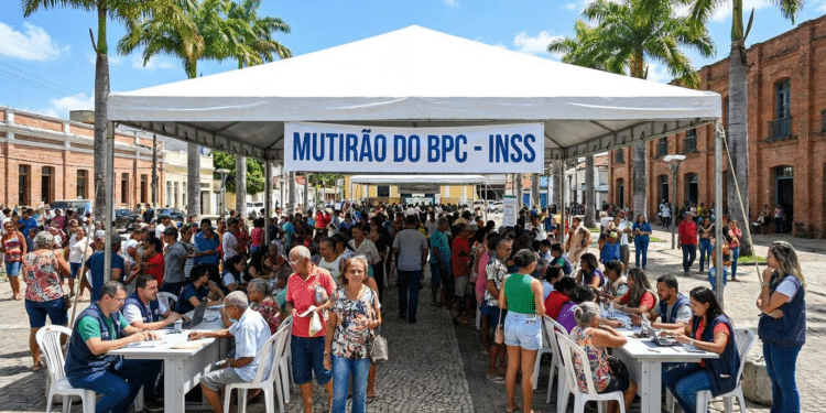 Centenas de pessoas em fila sob tenda branca com faixa "Mutirão do BPC - INSS" em praça de Caruaru com palmeiras e prédios históricos