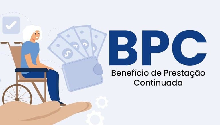 Ilustração de idosa em cadeira de rodas, carteira com notas e sigla BPC – Benefício de Prestação Continuada