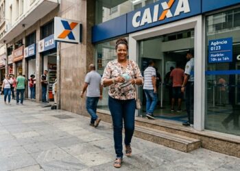 Mulher sorrindo segura dinheiro saindo de agência da Caixa com pessoas na fila ao fundo